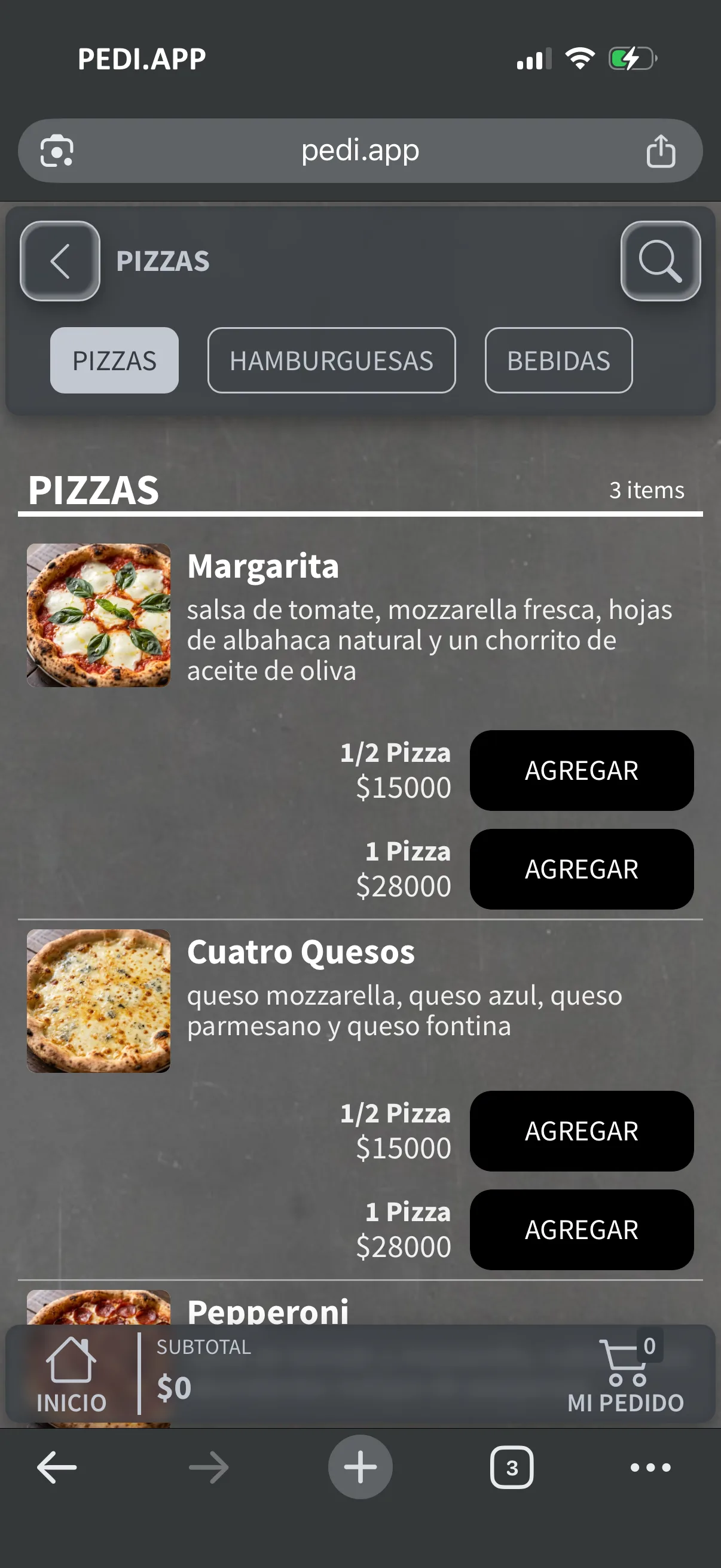 Paso 2 del flujo de pedido en una tienda pediapp