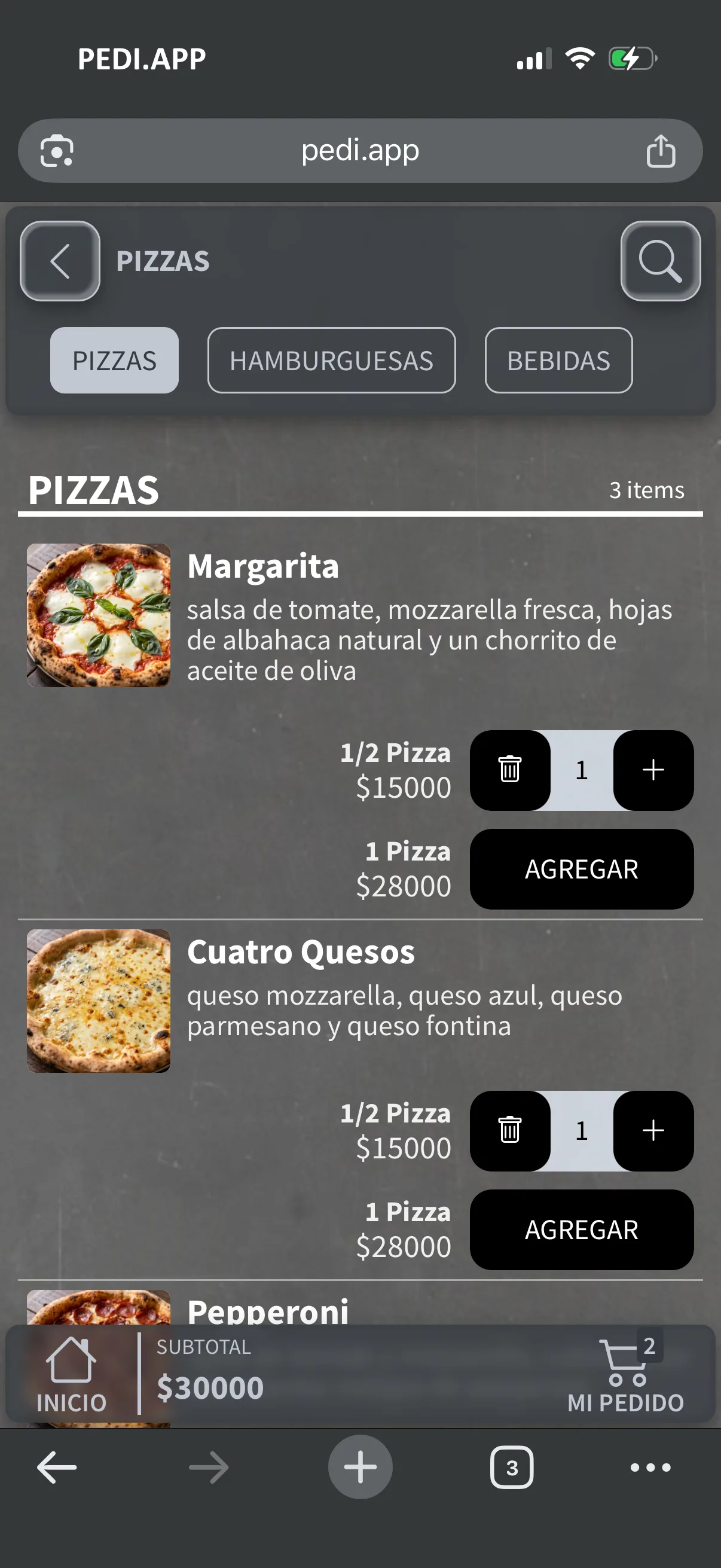 Paso 3 del flujo de pedido en una tienda pediapp