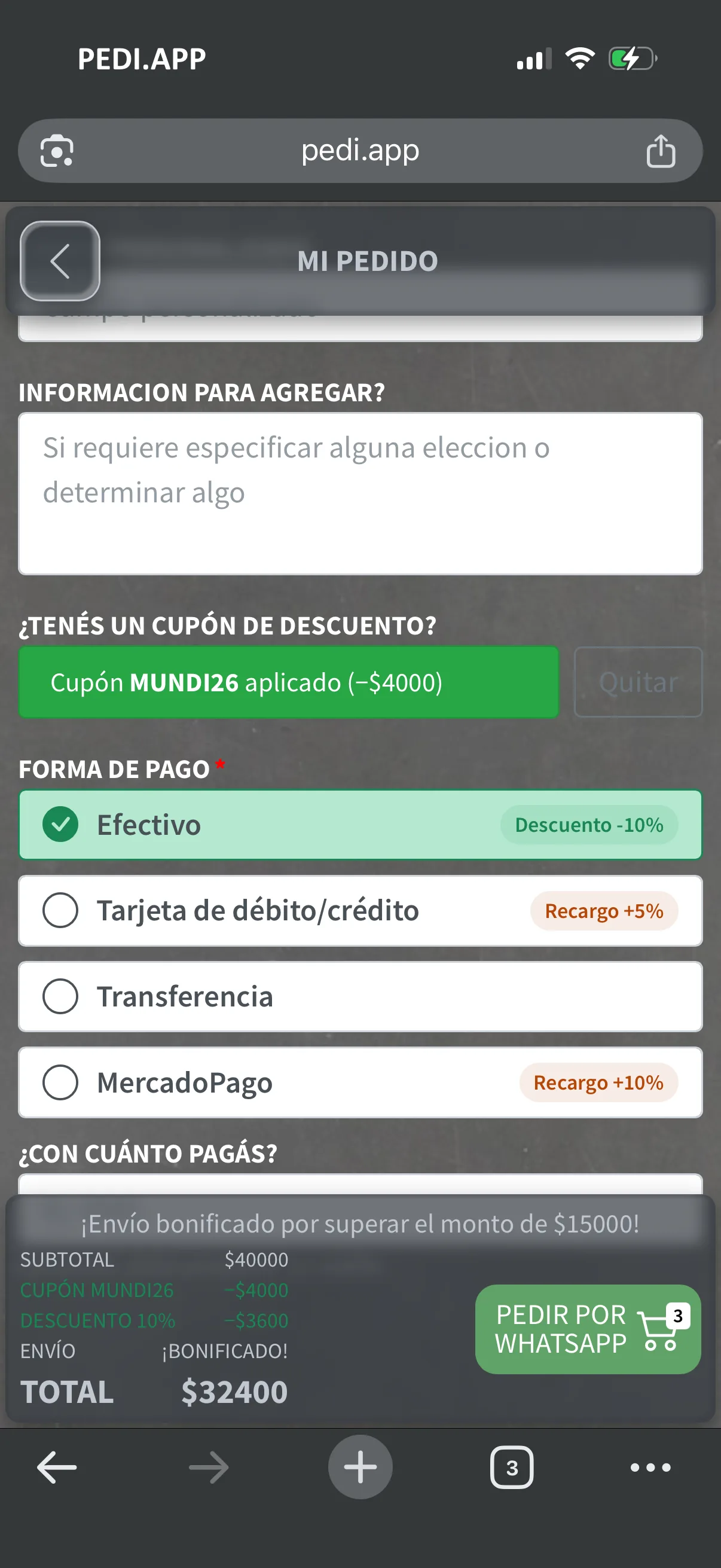Paso 9 del flujo de pedido en una tienda pediapp