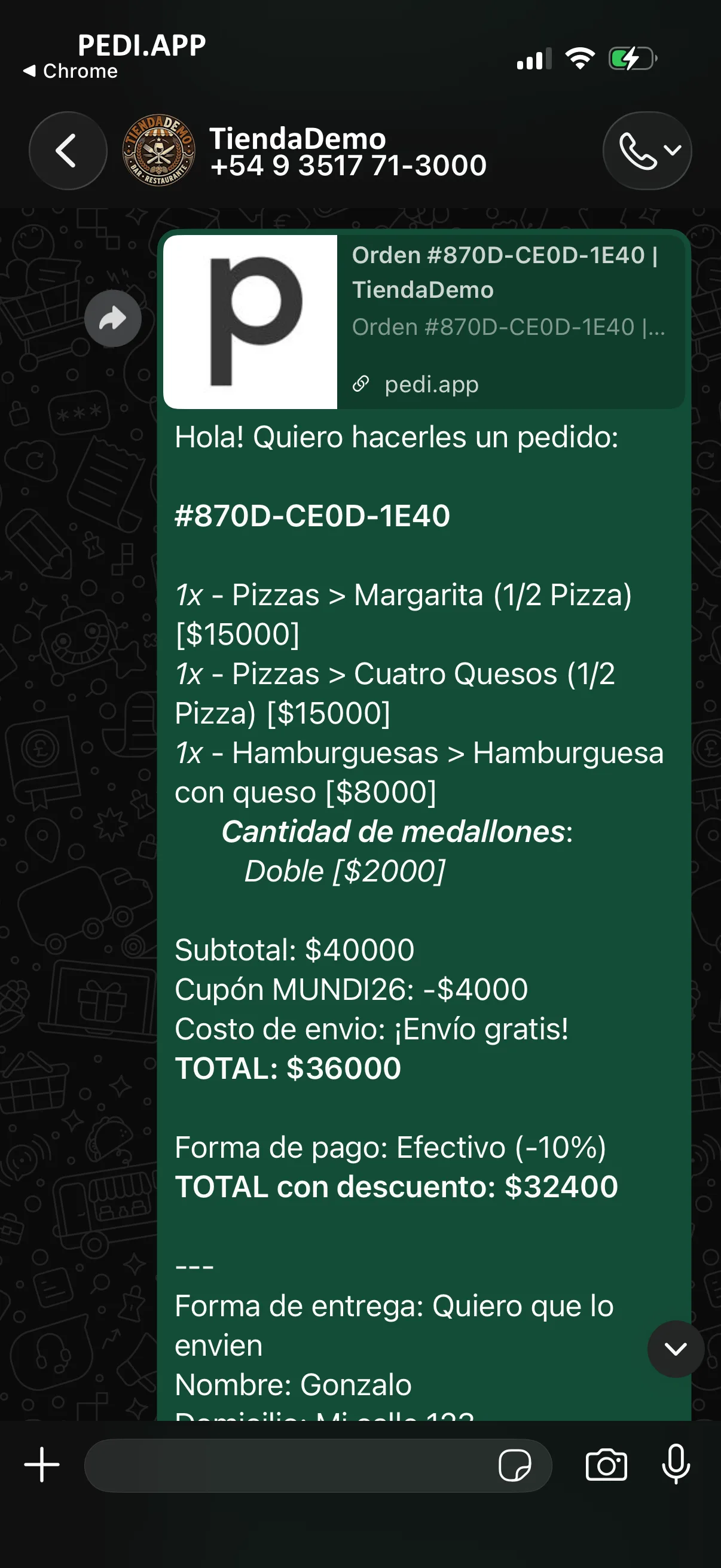 Paso 10 del flujo de pedido en una tienda pediapp